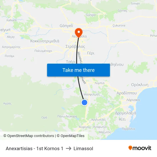 Anexartisias - 1st Kornos 1 to Limassol map