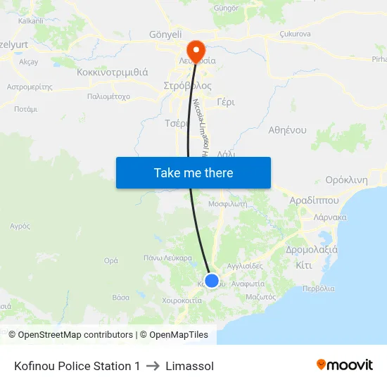 Kofinou Police Station to Limassol map