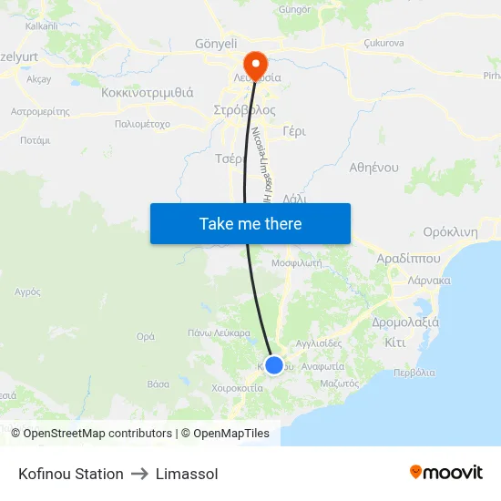 Kofinou Station to Limassol map