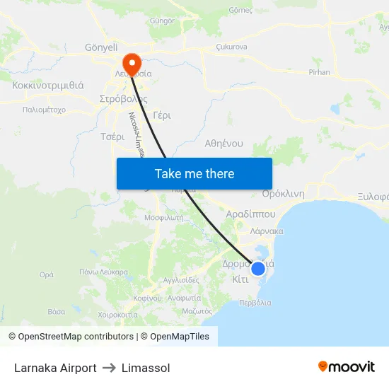 Larnaka Airport to Limassol map