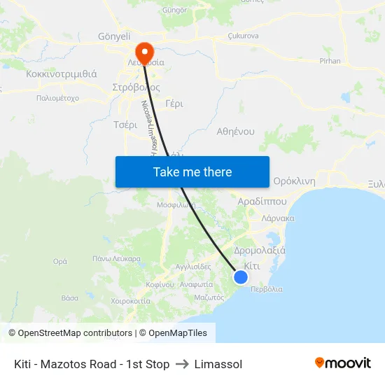 Kiti - Mazotos Road - 1st Stop to Limassol map