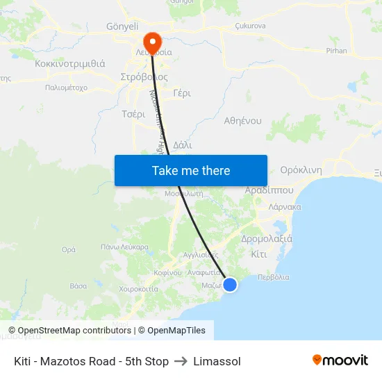 Kiti - Mazotos Road - 5th Stop to Limassol map
