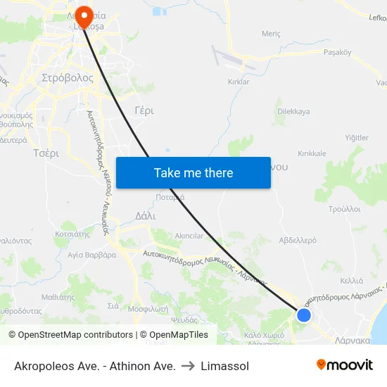 Akropoleos Ave. - Athinon Ave. to Limassol map