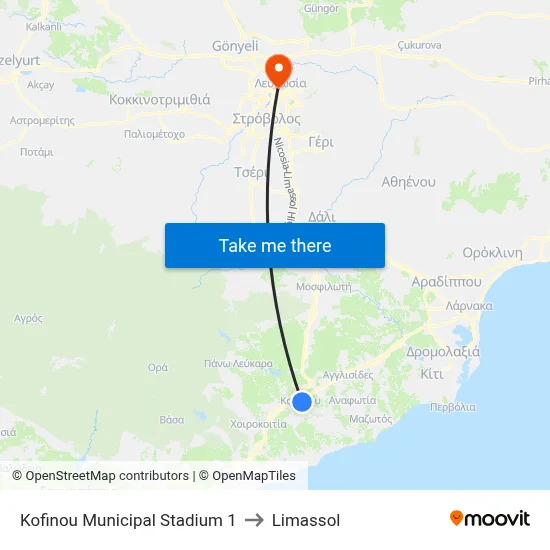 Kofinou Municipal Stadium to Limassol map