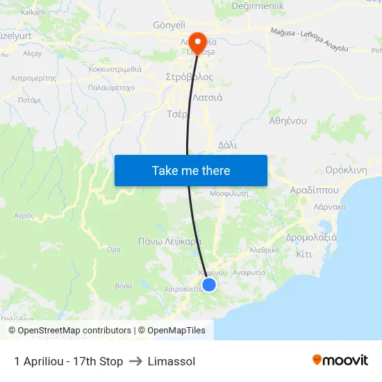 1 Apriliou - 17th Stop to Limassol map