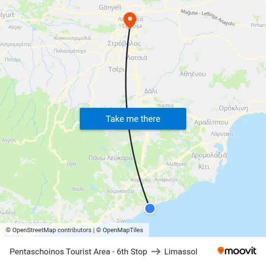 Pentaschoinos Tourist Area - 6th Stop to Limassol map