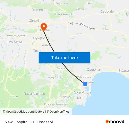 New Hospital to Limassol map