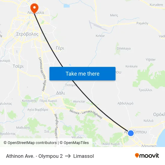 Athinon Ave. - Olympou to Limassol map