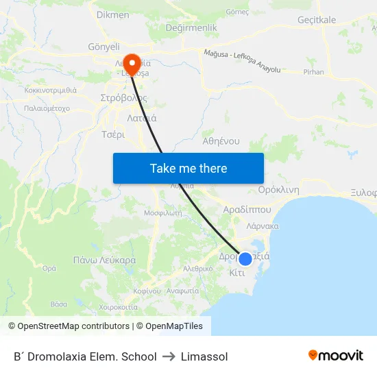 B´ Dromolaxia Elem. School to Limassol map