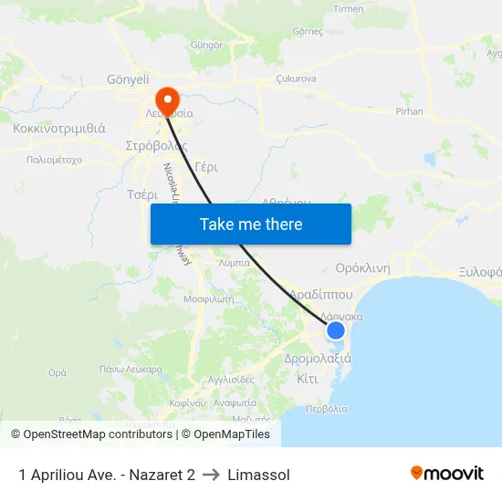 1 Apriliou Ave. - Nazaret 2 to Limassol map