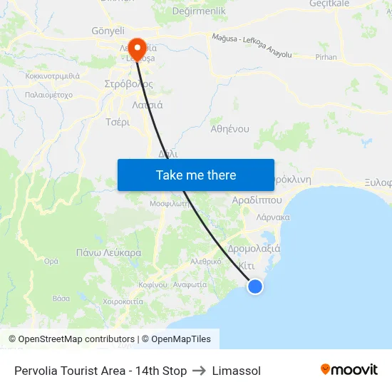 Pervolia Tourist Area - 14th Stop to Limassol map