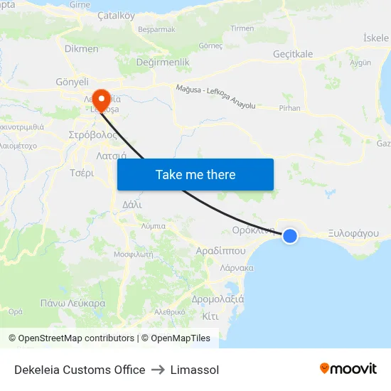 Dekeleia Customs Office to Limassol map