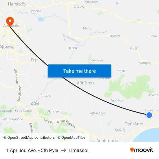 1 Apriliou Ave. - 5th Pyla to Limassol map