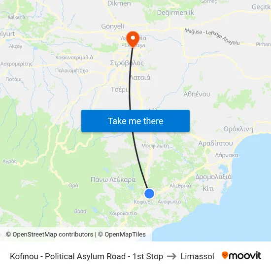 Kofinou - Political Asylum Road - 1st Stop to Limassol map