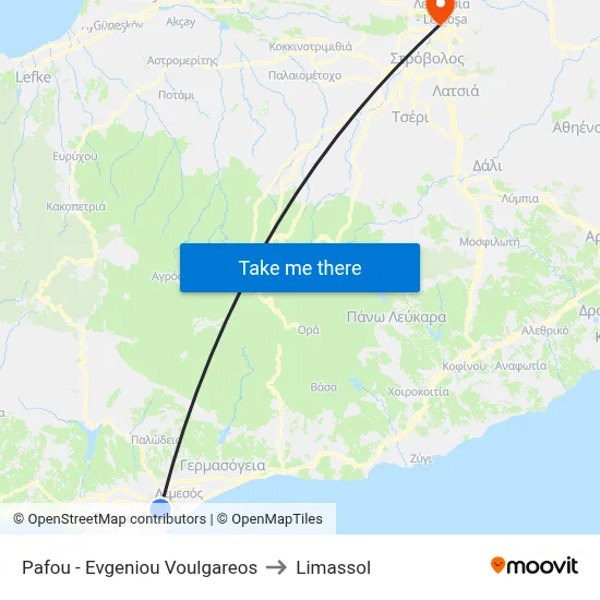 Pafos - Evgeniou Voulgareos to Limassol map