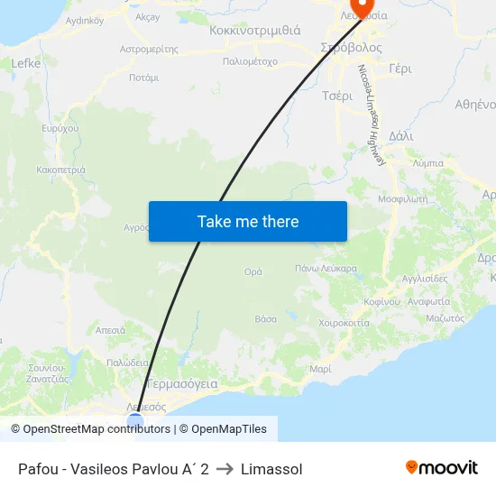 Paphos - King Paul I 2 to Limassol map