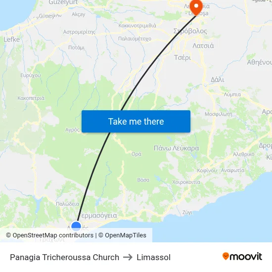 Panagia Tricheroussa Church to Limassol map