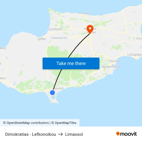 Dimokratias - Lefkonoikou to Limassol map