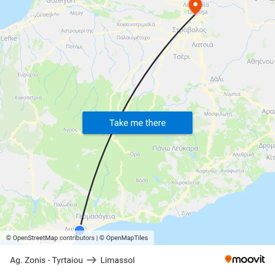 Ag. Zonis - Tyrtaiou to Limassol map