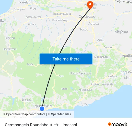 Germasogeia Roundabout to Limassol map