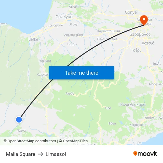 Malia Square to Limassol map
