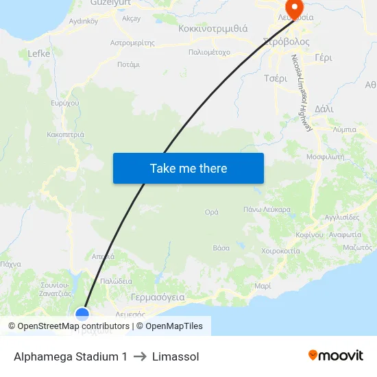 Alphamega Stadium 1 to Limassol map