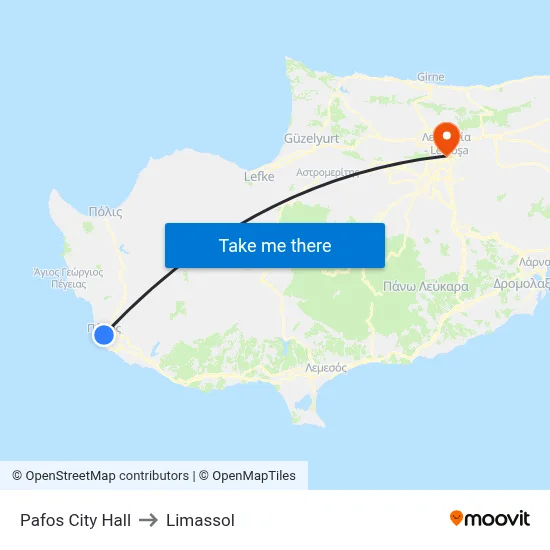 Paphos City Hall to Limassol map