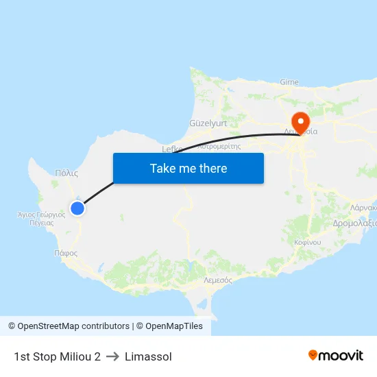 1st Stop Miliou 2 to Limassol map