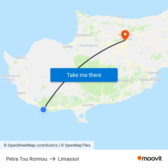 Petra tou Romiou to Limassol map