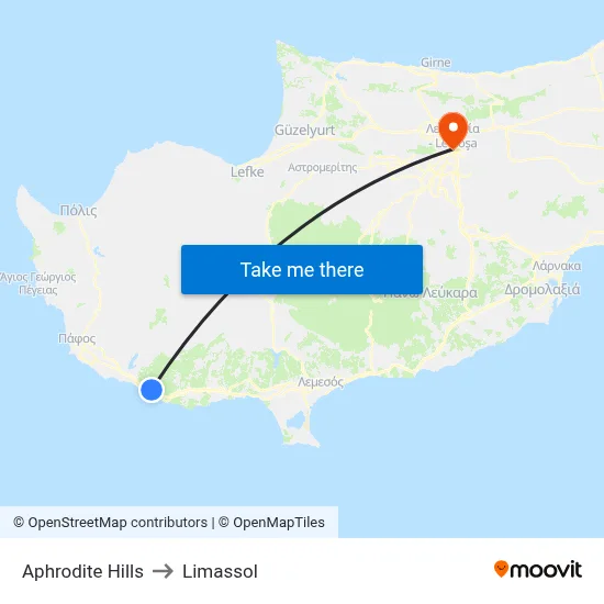 Aphrodite Hills to Limassol map