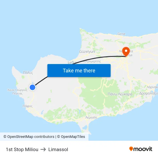 1st Stop Miliou to Limassol map