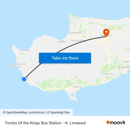 Tombs Of the Kings Bus Station to Limassol map
