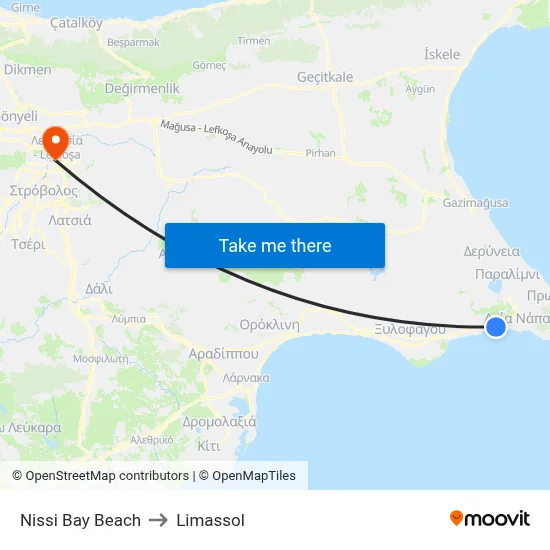 Nissi Bay Beach to Limassol map