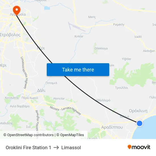 Oroklini Fire Station 1 to Limassol map