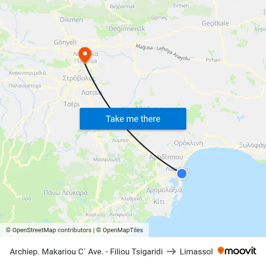 Archiep. Makariou C´ Ave. - Filiou Tsigaridi to Limassol map