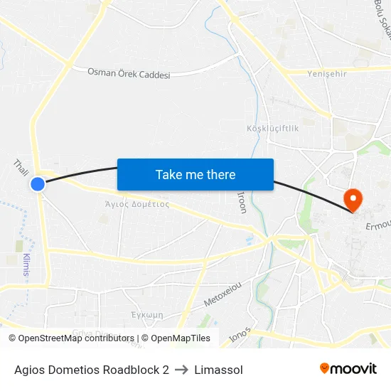 Agios Dometios Roadblock 2 to Limassol map