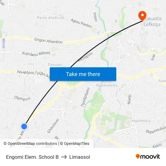 Engomi Elem. School B to Limassol map