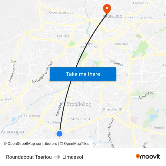 Tseriou Roundabout to Limassol map