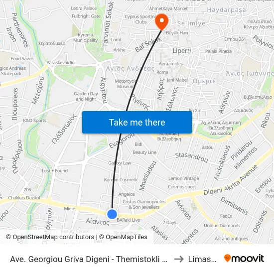 Georgiou Griva Digeni Ave - Themistokli Dervi to Limassol map