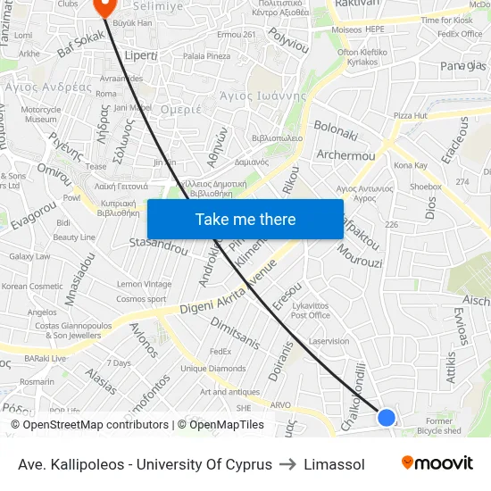 Ave. Kallipoleos - University Of Cyprus to Limassol map