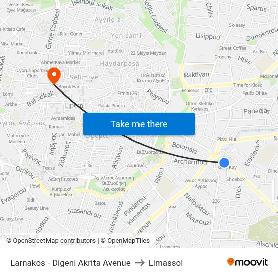 Larnaca - Digeni Akrita Avenue to Limassol map
