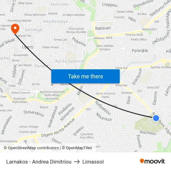 Larnaca - Andreas Dimitriou to Limassol map