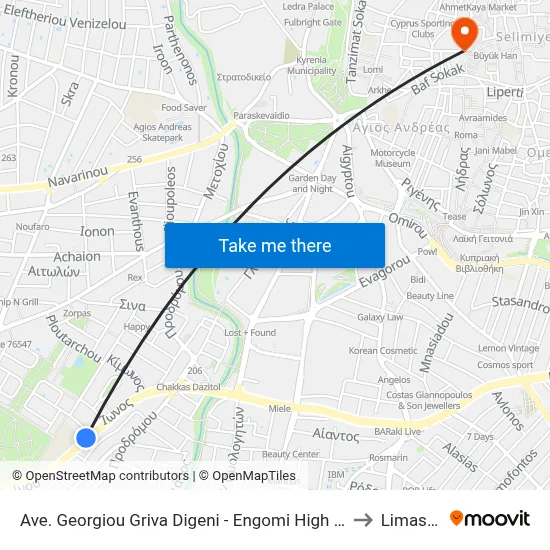 Ave. Georgiou Griva Digeni - Engomi High School to Limassol map