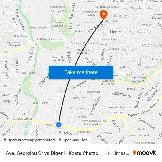Georgiou Griva Digeni Avenue - Kosta Chatzopoulou to Limassol map