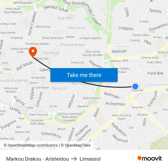 Markou Drakou - Aristeidou to Limassol map