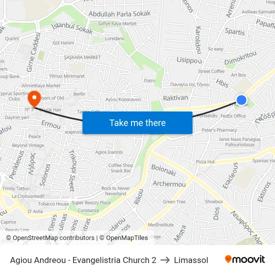 Ag. Andreou - Evangelistria Church to Limassol map