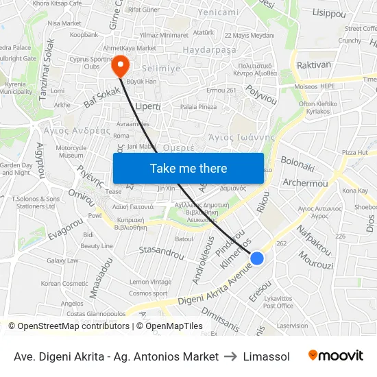 Ave. Digeni Akrita - Ag. Antonios Market to Limassol map