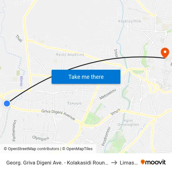 Georg. Griva Digeni Ave. - Kolakasidi Roundabout to Limassol map