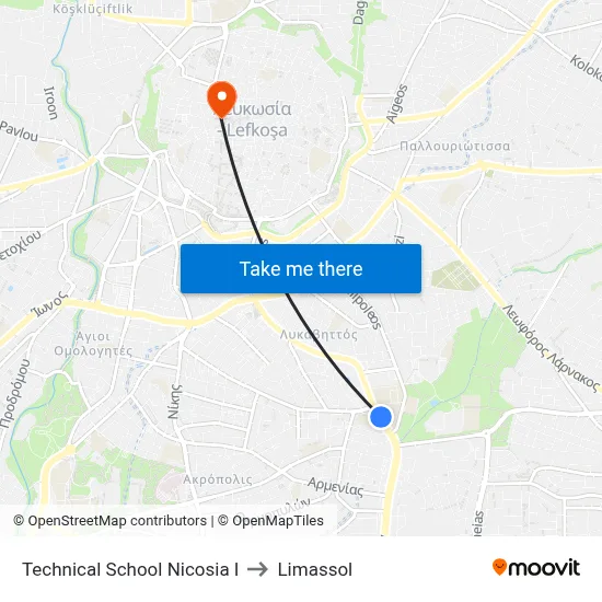 Technical School Nicosia I to Limassol map