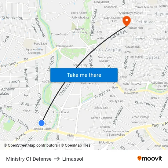 Ministry of Defense to Limassol map